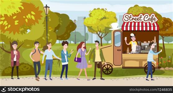Coffee track, van, cart, barista, track, happy people stand in line for coffee in park, men and women, different character. Coffee track, van, cart, barista, track, happy people stand in line for coffee in park, men and women, different characters, outdoor, street food, vector, illustration, isolated cartoon style