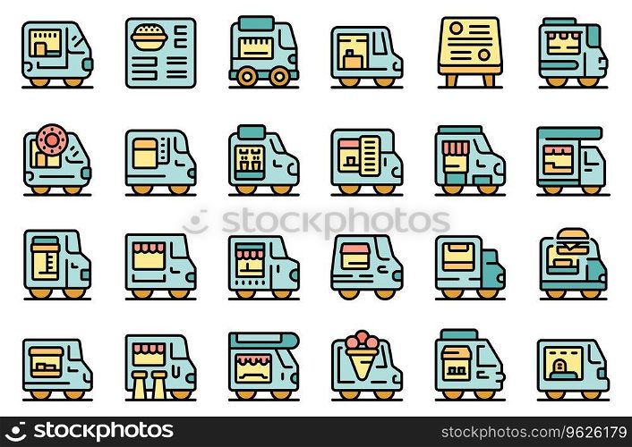 Coffee truck cafe icons set outline vector. Business food. Season trailer thin line color flat on white isolated. Coffee truck cafe icons set vector line color