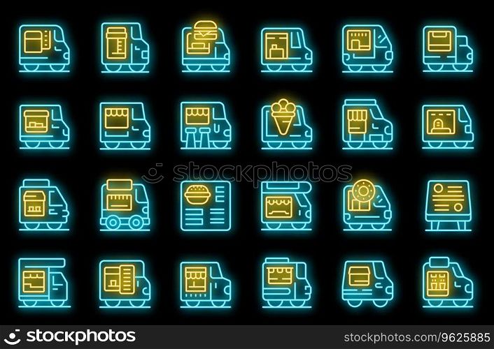 Coffee truck cafe icons set outline vector. Business food. Season trailer neon color on black. Coffee truck cafe icons set vector neon