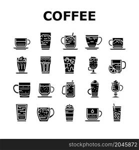 Coffee Types Energy Morning Drink Icons Set Vector. Espresso And Cappuccino, Macchiato And Latte, Americano And Chocolate Coffee Types. Caffeine Hot Beverage Glyph Pictograms Black Illustrations. Coffee Types Energy Morning Drink Icons Set Vector