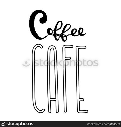 Coffee typography sign. Coffee text for decoration, shop, cup, machine. Cafe sign template. Caffeine lettering hand drawn. Calligraphy for coffee logo unique. Decorative type for home, print.