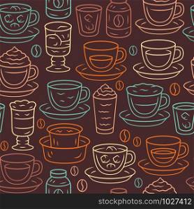 Coffee vector seamless pattern. Drinks background. Brown texture, hand drawn color icons. Cups with coffee beverages. Cocoa, desserts. Cafe wrapping paper, wallpaper design