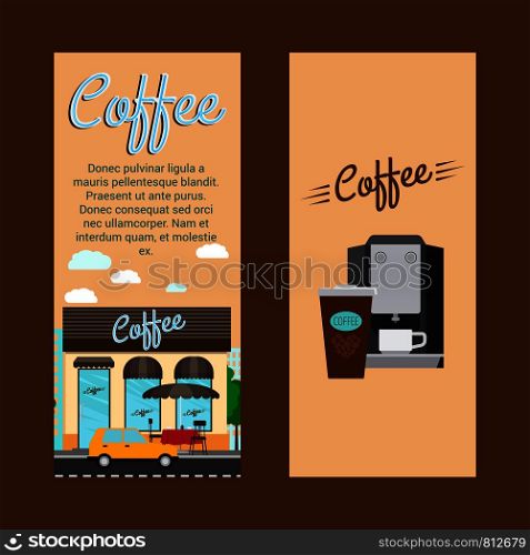 Coffee vertical flyers with shop building and landscape, vector illustration. Coffee shop vertical flyers