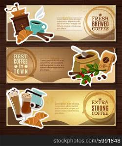 Coffee Vintage Flat Banners Set Brown. Cafe bar vintage style 3 horizontal banners set freshly brewed coffee advertisement board abstract isolated vector illustration