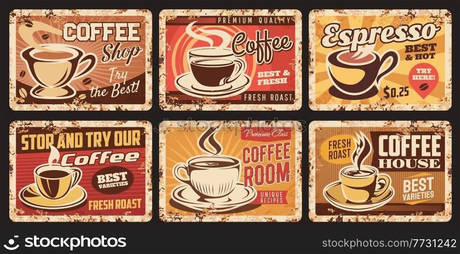 Coffee vintage signs of cafe, coffee shop or bar vector design. Retro metal banners with espresso cups of brewed drink and roasted beans, mugs and saucers of latte or cappuccino caffeine beverages. Coffee vintage signs of cafe, shop or bar