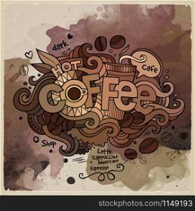 Coffee watercolor cartoon hand lettering and doodles elements background. Vector illustration