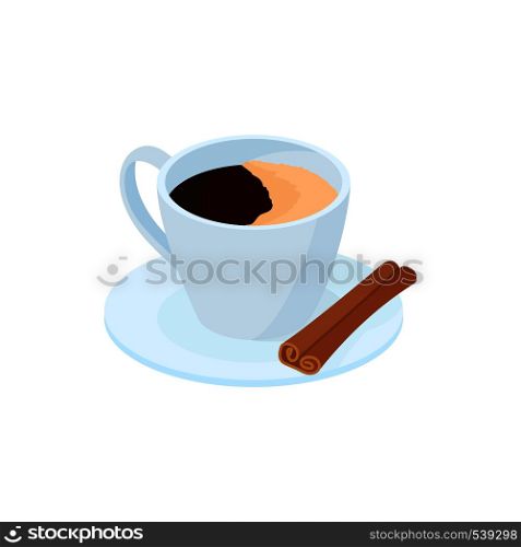Coffee with cinnamon stick icon in cartoon style on a white background. Coffee with cinnamon stick icon, cartoon style
