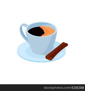 Coffee with cinnamon stick icon in cartoon style on a white background. Coffee with cinnamon stick icon, cartoon style