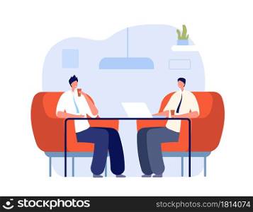Coffee with colleagues. Office relax, professional working on break. Business corporate lunch drink, interview or lounge zone vector concept. Business communication, people meeting illustration. Coffee with colleagues. Office relax, professional working on break. Business corporate lunch drink, interview or lounge zone vector concept