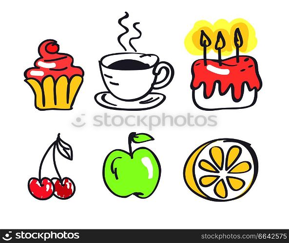 Coffee with fruits and sweets icons isolated on white background. Vector illustration with drawn cup of coffee, cake pie, apple and lemon, cherry. Coffee with Fruits and Sweets Vector Illustration