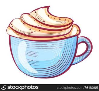 Coffee with whipped cream in cup with handle, cappuccino in pot, drawing caffeine or aroma drink. Sketch of hot beverage in flat design style, tasty vector. Aroma Drink with Whipped Cream, Coffee Vector