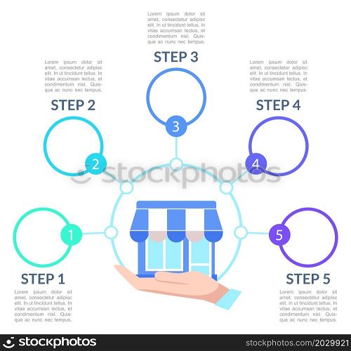 Coffeehouse business plan infographic chart design template. Open cafe. Abstract vector infochart with blank copy spaces. Instructional graphics with 5 step sequence. Visual data presentation. Coffeehouse business plan infographic chart design template