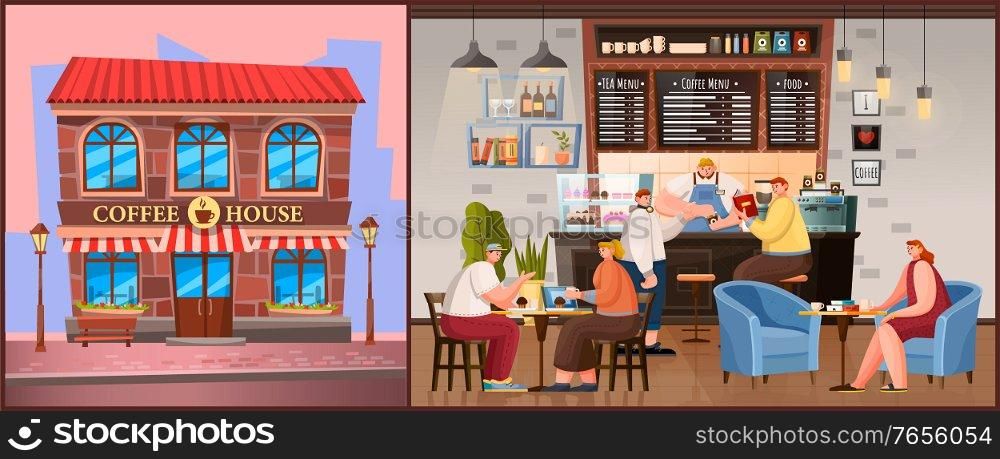 Coffeehouse exterior and interior. Pictures of brick building of coffe house and inside design, room with furniture. Barista stance and place for customers. People relax and meet with friends, vector. Coffeehouse Building, Cafe Exterior and Interior