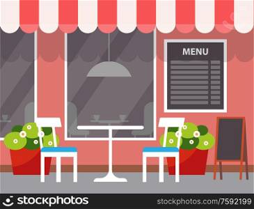 Coffeehouse exterior, design of place to eat vector. Building with window and furniture outdoors. Plants in pots, chairs and tables, urban shop outside. Restaurant Menu Table Outdoors, Exterior of Store