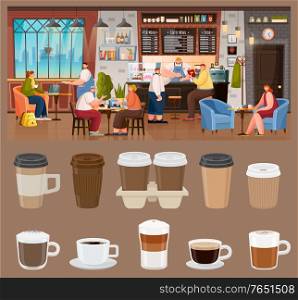 Coffeehouse inside design, room with furnishing. Barista serves customers. People drink coffee and meet with friends. Set of paper cups and mugs with espresso, cappuccino, latte, vector illustration. Cafe Interior, People Drink Coffee, Paper Cups