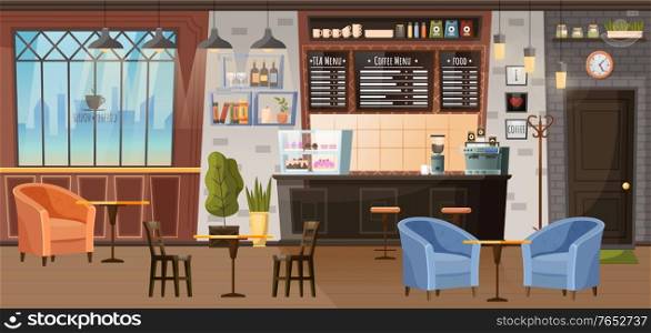 Coffeehouse inside design, room with furnishing. Furniture for cafe like barista stance and place for customers, armchairs with tables. Cozy cafeteria interior for relax and work. Vector illustration. Coffeehouse Interior Design with Chairs and Tables