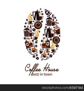 Coffeehouse or cafe and cafeteria poster design of coffee bean. Vector icons poster of coffee cups and makers, hot tea mugs with steam or hot chocolate and teapot for coffeeshop. Vector coffee cups, beans and makers poster