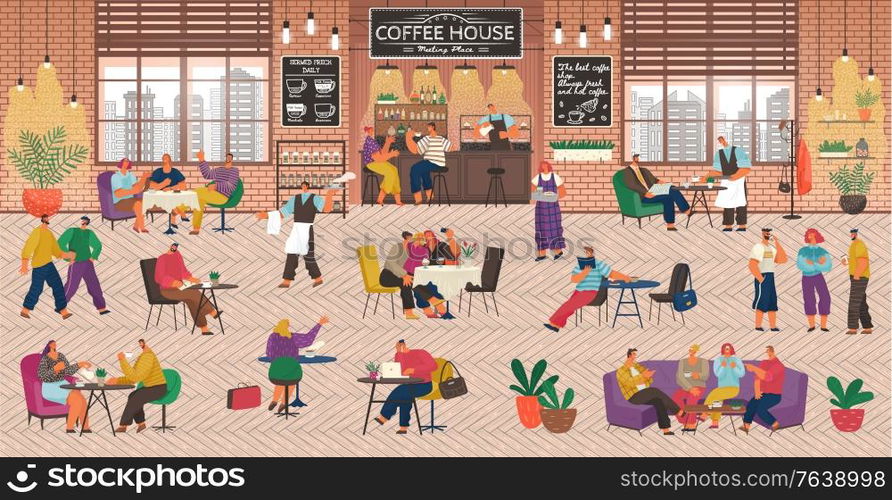 Coffeehouse with People, Coffee Shop Service. Barista and Waitress Working in Cafe. Customers Playing Games and Working Online. Friends Having Fun at Bistro, Drinking and Talking Vector in Flat Style. Coffee House Coffeehouse with Barista and Clients