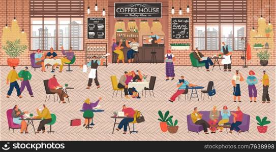 Coffeehouse with People, Coffee Shop Service. Barista and Waitress Working in Cafe. Customers Playing Games and Working Online. Friends Having Fun at Bistro, Drinking and Talking Vector in Flat Style. Coffee House Coffeehouse with Barista and Clients