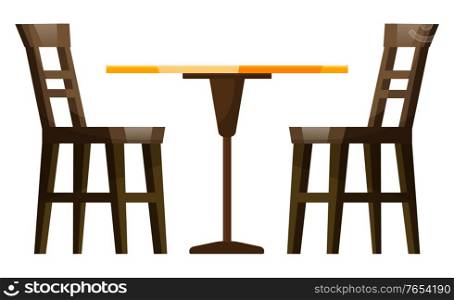 Coffeehouse wooden furniture couple of chairs and empty table on white. Nobody dinner and seat element of restaurant interior. Creative idea for appointment equipments for urban lunch vector. Restaurant Furniture Wooden Table and Chair Vector