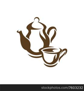 Coffeepot and cup of coffee isolated outline icons. Vector brown teacup, vintage kitchenware. Porcelain kitchenware cup of coffee and kettle