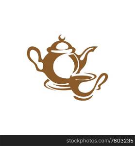 Coffeepot and cup of coffee isolated outline icons. Vector brown teacup, vintage kitchenware. Porcelain kitchenware cup of coffee and kettle