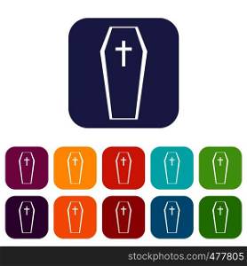 Coffin icons set vector illustration in flat style in colors red, blue, green, and other. Coffin icons set