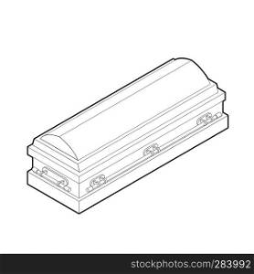 Coffin in linear style. Wooden casket for burial. Red hearse. Religious illustration