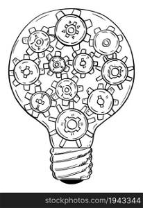 Cog wheels and light bulb, creativity and innovation concept, vector cartoon illustration.. Light Bulb and Cow Wheels, Innovation and Creativity Concept, Vector Cartoon Illustration
