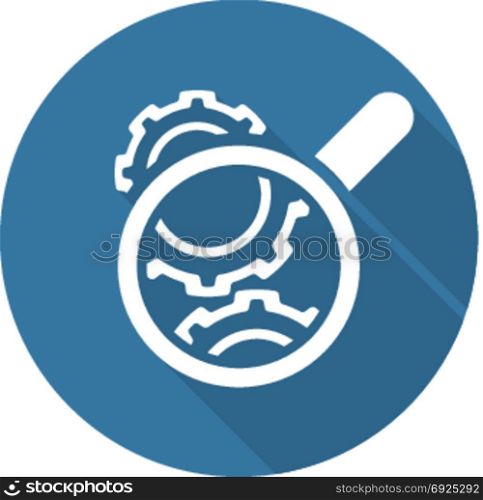 Cog Wheels Inspection Icon. Gears and Magnifier. Engineering Symbol.. Cog Wheels Inspection Icon. Gears and Magnifier. Engineering Symbol. Flat Line Pictogram. Isolated on white background. Long Shadow.