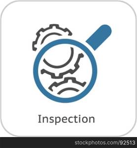 Cog Wheels Inspection Icon. Gears and Magnifier. Engineering Symbol.. Cog Wheels Inspection Icon. Gears and Magnifier. Engineering Symbol. Flat Line Pictogram. Isolated on white background.