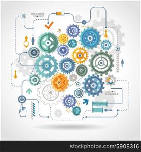 Cogged wheels gear mechanism schema poster. Cogwheels gear mechanical mechanism detail rotation work schema with relay switch and start button abstract vector illustration