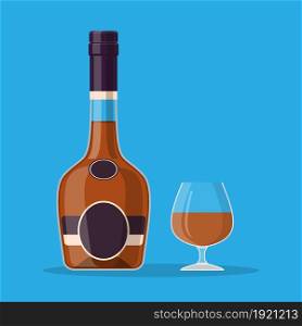 Cognac bottle and glass. Cognac alcohol drink. Vector illustration in flat style. Cognac bottle and glass.