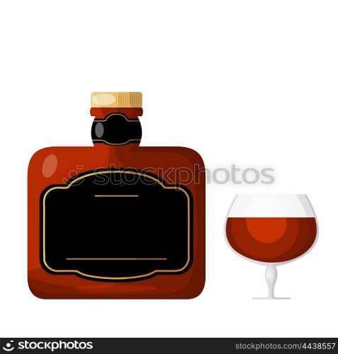 Cognac on a white background. A bottle of cognac or a glass of brandy. Isolate. Cartoon &#xA;style. Stock vector illustration