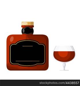Cognac on a white background. A bottle of cognac or a glass of brandy. Isolate. Cartoon &#xA;style. Stock vector illustration