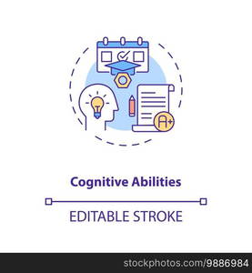 Cognitive abilities concept icon. Human factor in ergonomics idea thin line illustration. Mental effort, decision making, reliability. Vector isolated outline RGB color drawing. Editable stroke. Cognitive abilities concept icon