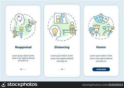 Cognitive change onboarding mobile app screen. Emotional regulation walkthrough 3 steps editable graphic instructions with linear concepts. UI, UX, GUI template. Myriad Pro-Bold, Regular fonts used. Cognitive change onboarding mobile app screen