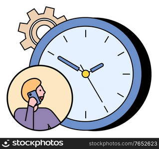 Cogwheel and analog wall clock, round shaped instrument used to measure, keep and indicate time. Man in circle hold mobile device and talk on phone. Minimalistic vector illustration in flat style. Wall Clock and Cogwheel, Man Talk on Telephone