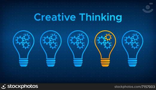Cogwheel lightbulb creative thinking concept vector illustration. Creative people graphic idea with gear and light bulb. Blue lamp silhouette with orange lamp technology background concept.. Cogwheel lightbulb creative thinking concept
