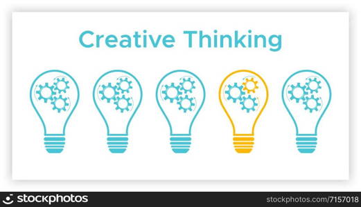 Cogwheel lightbulb creative thinking concept vector illustration. Creative people graphic idea with gear and light bulb. Blue lamp silhouette with orange lamp innovation think concept.. Cogwheel lightbulb creative thinking concept