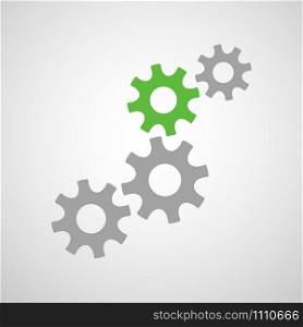 Cogwheel mechanism with four gears in trendy flat style. Green wheel with grey cogs implies creative teamwork and team development. Vector illustration template suitable for business infographic. Creative cogwheel mechanism with four gears