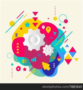 Cogwheel on abstract colorful spotted background with different elements. Flat design.