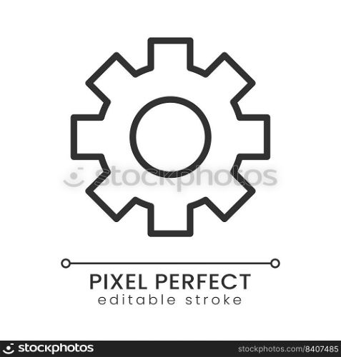 Cogwheel pixel perfect linear icon. Technology and settings. Business development. Equipment. Thin line illustration. Contour symbol. Vector outline drawing. Editable stroke. Poppins font used. Cogwheel pixel perfect linear icon