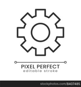 Cogwheel pixel perfect linear icon. Technology and settings. Business development. Equipment. Thin line illustration. Contour symbol. Vector outline drawing. Editable stroke. Poppins font used. Cogwheel pixel perfect linear icon