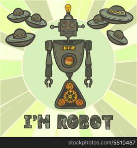 Cogwheel retro robot hipster geek with lightbulb on space background design poster vector illustration
