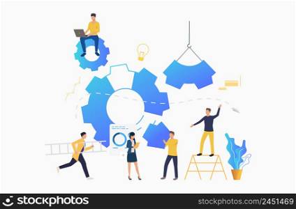 Cogwheels and businesspeople working among them. Business process, gear, teamwork. Management concept. Vector illustration can be used for presentation slide, posters, banners