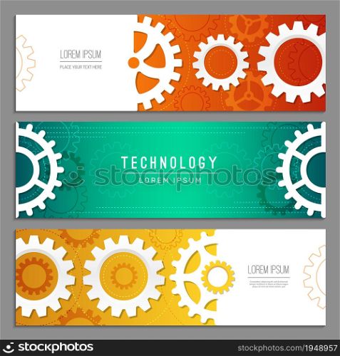 Cogwheels banners. Abstract background with gears machinery industry parts vector header templates. Illustration cogwheel mechanical industrial and engineering banner. Cogwheels banners. Abstract background with gears machinery industry parts vector header templates