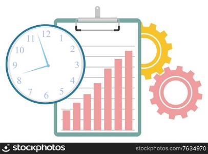 Cogwheels gears and tools for work optimization, isolated clipboard with growing chart. Time management clock with hands and hours. Vector illustration in flat cartoon style. Time Management Clipboard Clock and Cogwheels