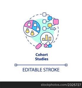 Cohort studies concept icon. Test of patient group. Clinical trials type abstract idea thin line illustration. Isolated outline drawing. Editable stroke. Arial, Myriad Pro-Bold fonts used. Cohort studies concept icon