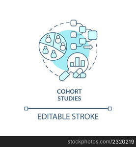 Cohort studies turquoise concept icon. Test of patient group. Clinical trials type abstract idea thin line illustration. Isolated outline drawing. Editable stroke. Arial, Myriad Pro-Bold fonts used. Cohort studies turquoise concept icon